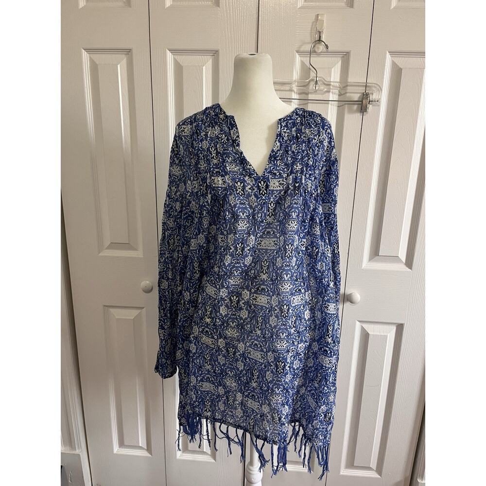 Roller Rabbit Longline Printed Tunic Top Blue/White Size Small